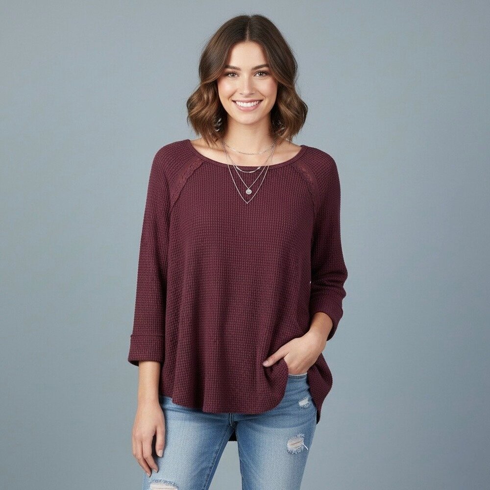 Free People Waffle Knit Tunic Top • Oversized 3/4 Sleeve Thermal Cozy Boho - Picture 1 of 14